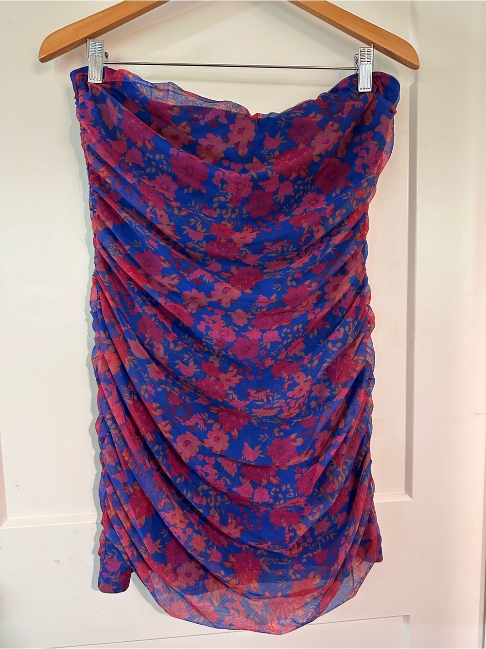 Lulu's Blue & Pink Floral Ruched Mini Dress
